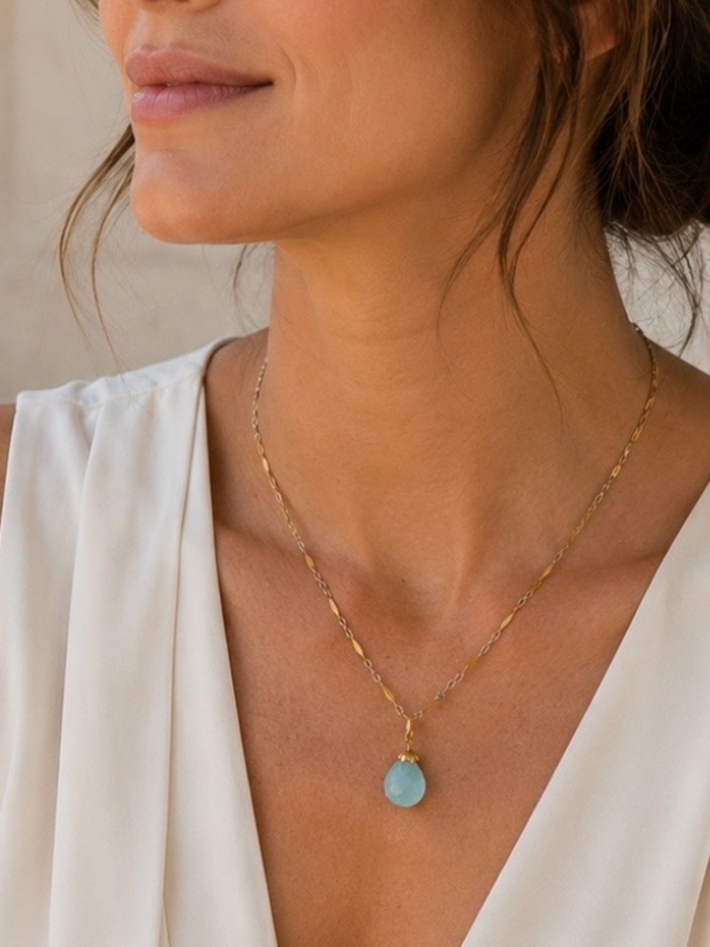 Gold-Tone Chain Necklace with Aqua Blue Teardrop Pendant